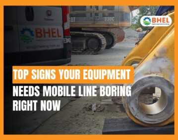 Technician performing mobile line boring repair on heavy machinery on-sit